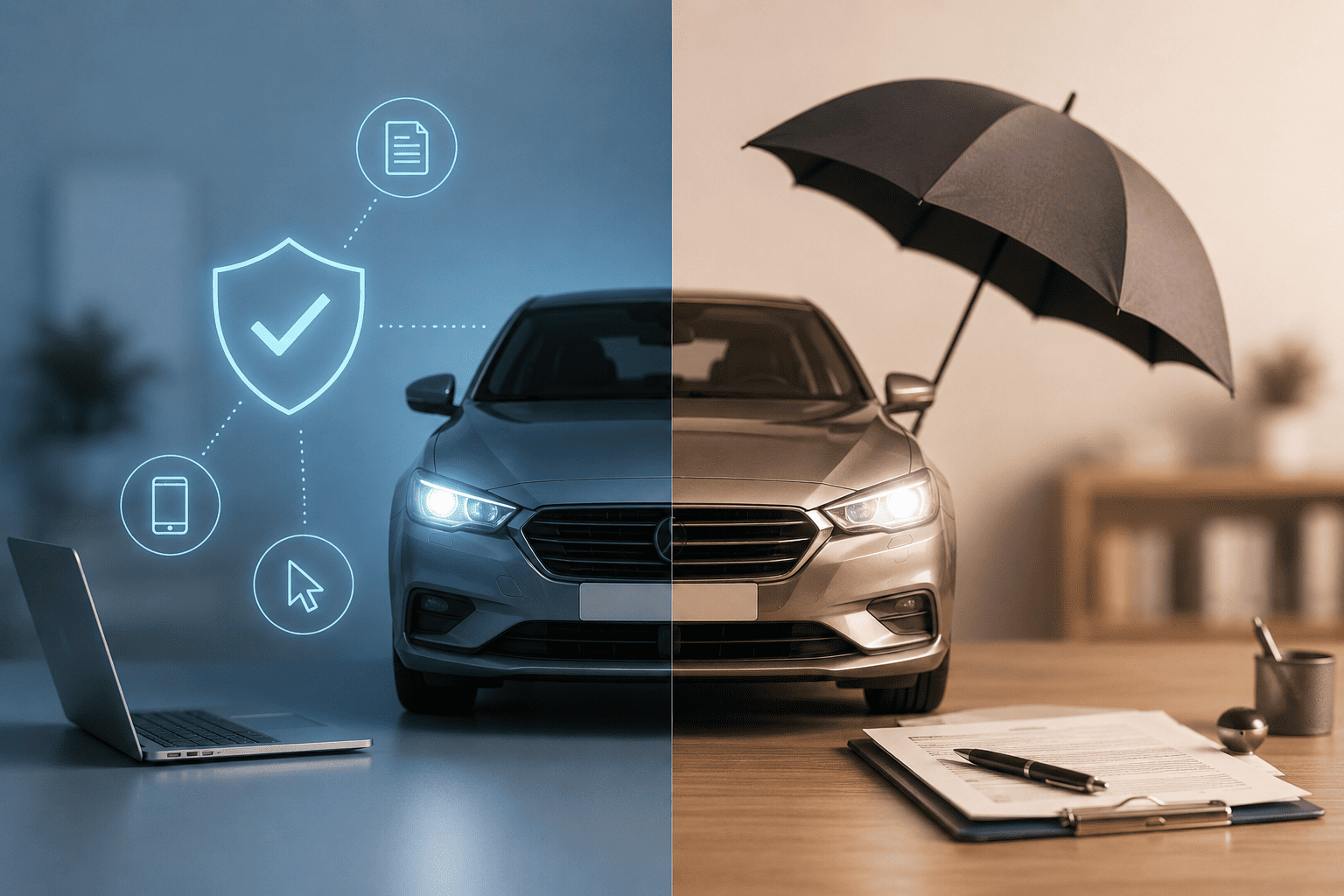 Comparativa visual entre seguro de coche online y seguro tradicional, representados con tecnología digital y documentación de oficina.