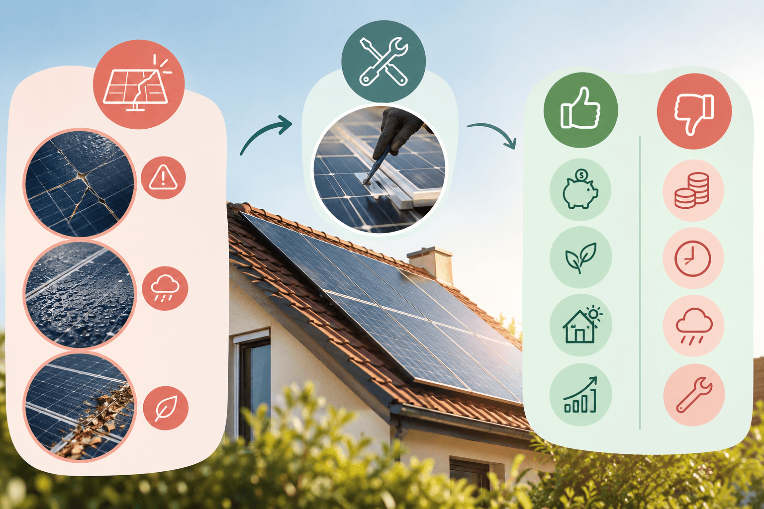 Infografía sobre placas solares que muestra daños habituales, reparaciones, ventajas y desventajas de la instalación de paneles solares.