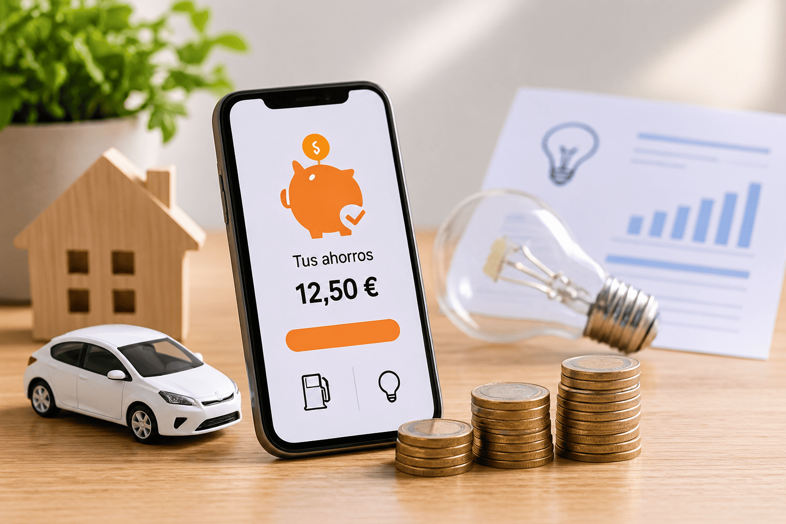 Aplicación móvil para ahorrar en gastos de combustible y electricidad, con recompensas acumuladas y consejos para reducir las facturas del hogar.