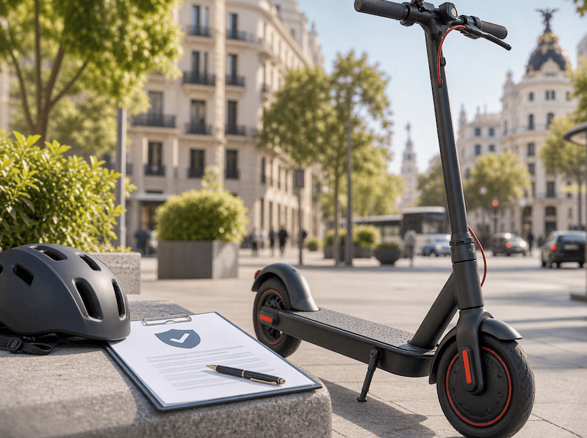 Patinete eléctrico con casco y documento de seguro en una calle urbana de España